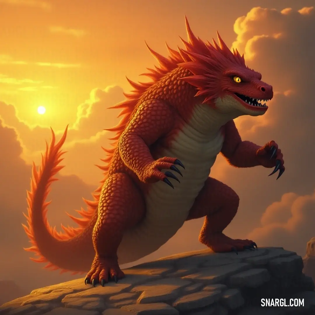 A stunning Red Ember Lizard stands majestically on a stone, bathed in warm sunset hues, with its mouth open wide, inviting a sense of wonder and admiration from onlookers. A stunning Red Ember Lizard stands majestically on a stone, bathed in warm sunset hues, with its mouth open wide, inviting a sense of wonder and admiration from onlookers.