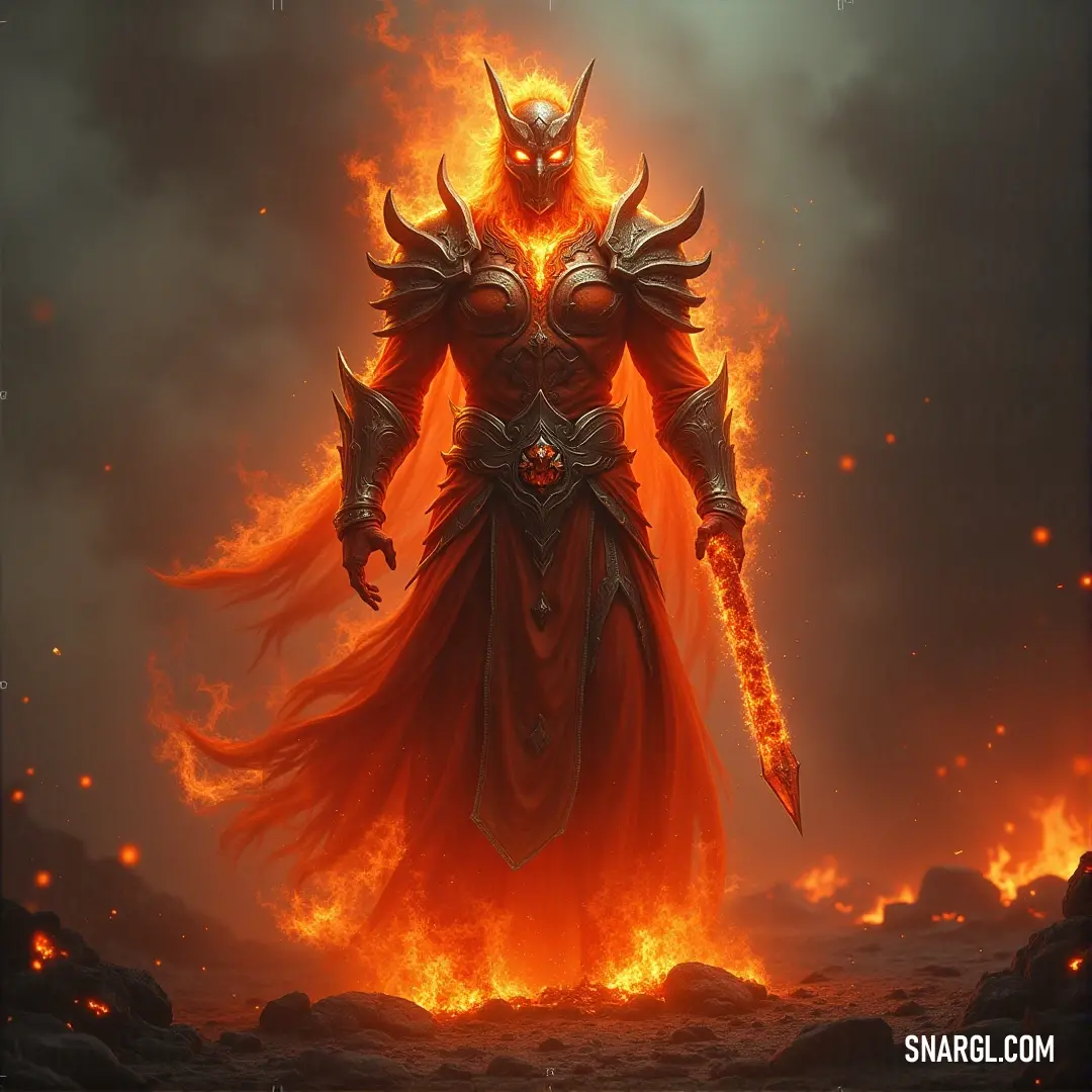 A demonic ember spirit brandishes his sword, flames raging around him as he stands as an embodiment of fiery destruction and ancient power. A demonic ember spirit, wielding a sword, is surrounded by fierce flames that intensify the fiery aura around him. His menacing form is set against an infernal backdrop, exuding an aura of destruction and power.