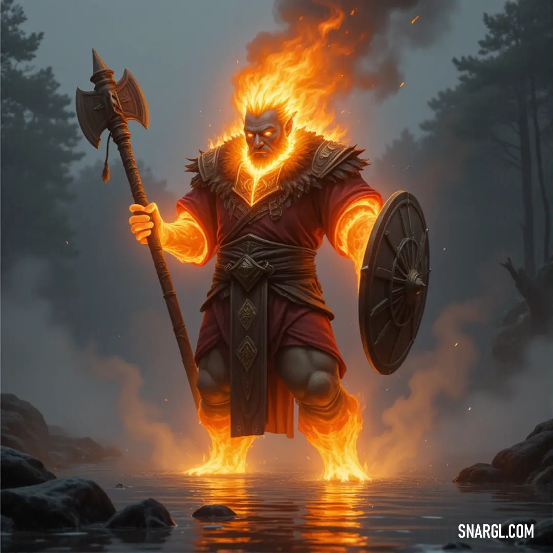A fiery ember spirit, face glowing with flames, holds an axe and a fireball, his power radiating as the flames burn ever brighter around him. An ember spirit with a fire-infused face grips a blazing axe, holding a swirling fireball in the other hand, surrounded by intense flames that seem to respond to his power, his fiery energy threatening to ignite everything.