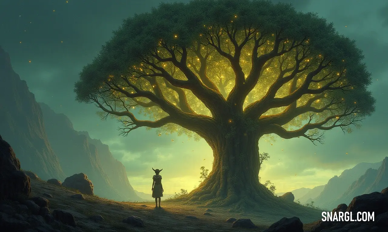 Ember Wyrm poised before an ancient tree, with soft light illuminating its majestic features. The Ember Wyrm stands majestically before an ancient tree, its scales glistening dully in the gentle light that shines upon its head and trunk, illuminating the contours of their storied existence.