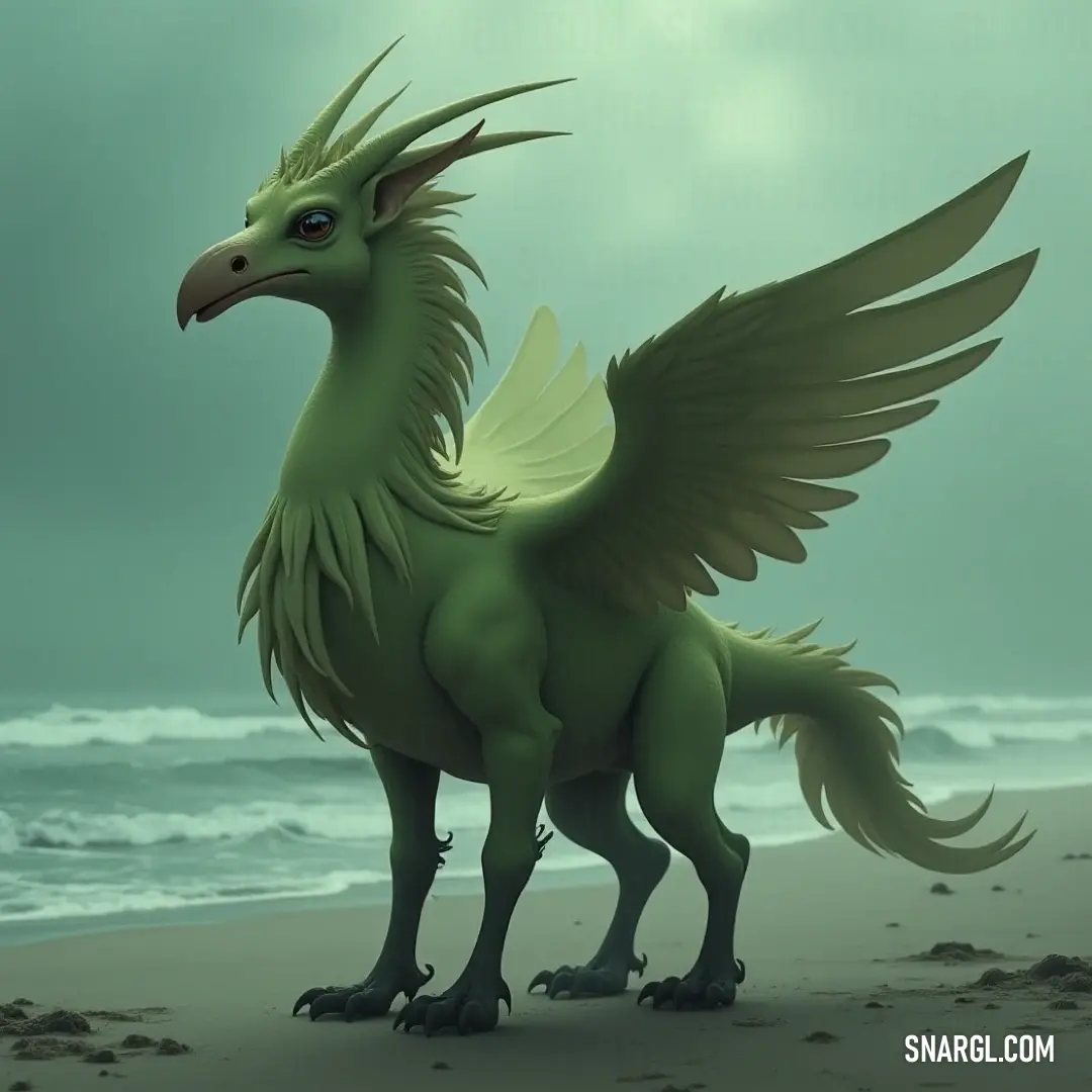The mighty green dragon stands tall on the beach, wings spread, as a smaller bird-like creature rests on its back, overlooking the vast ocean. A powerful green dragon stands atop a sandy beach, its wings unfurled as a smaller bird-like creature, reminiscent of the Emberclaw, perches on its back. The ocean waves crash below, and the dragon stands watch over the land.