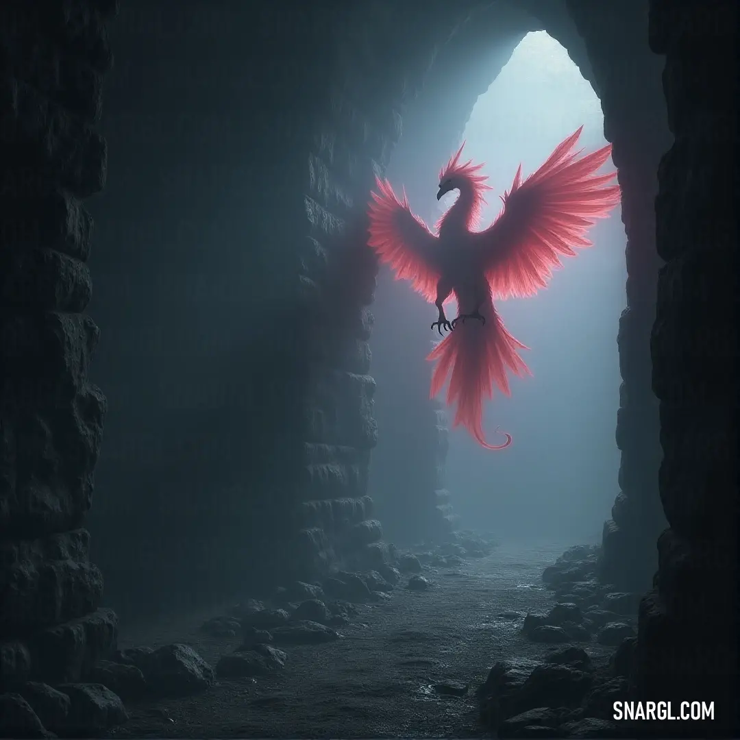An Embercrest with glowing red wings flies from a cave, the dark night surrounding it, while the light streaming from the window highlights the fiery intensity of its flight. An Embercrest with fiery red wings emerges from a dark cave, its wings glowing brightly as it flies toward the light. The surrounding darkness contrasts with the warmth of its wings, creating a dramatic and intense atmosphere.