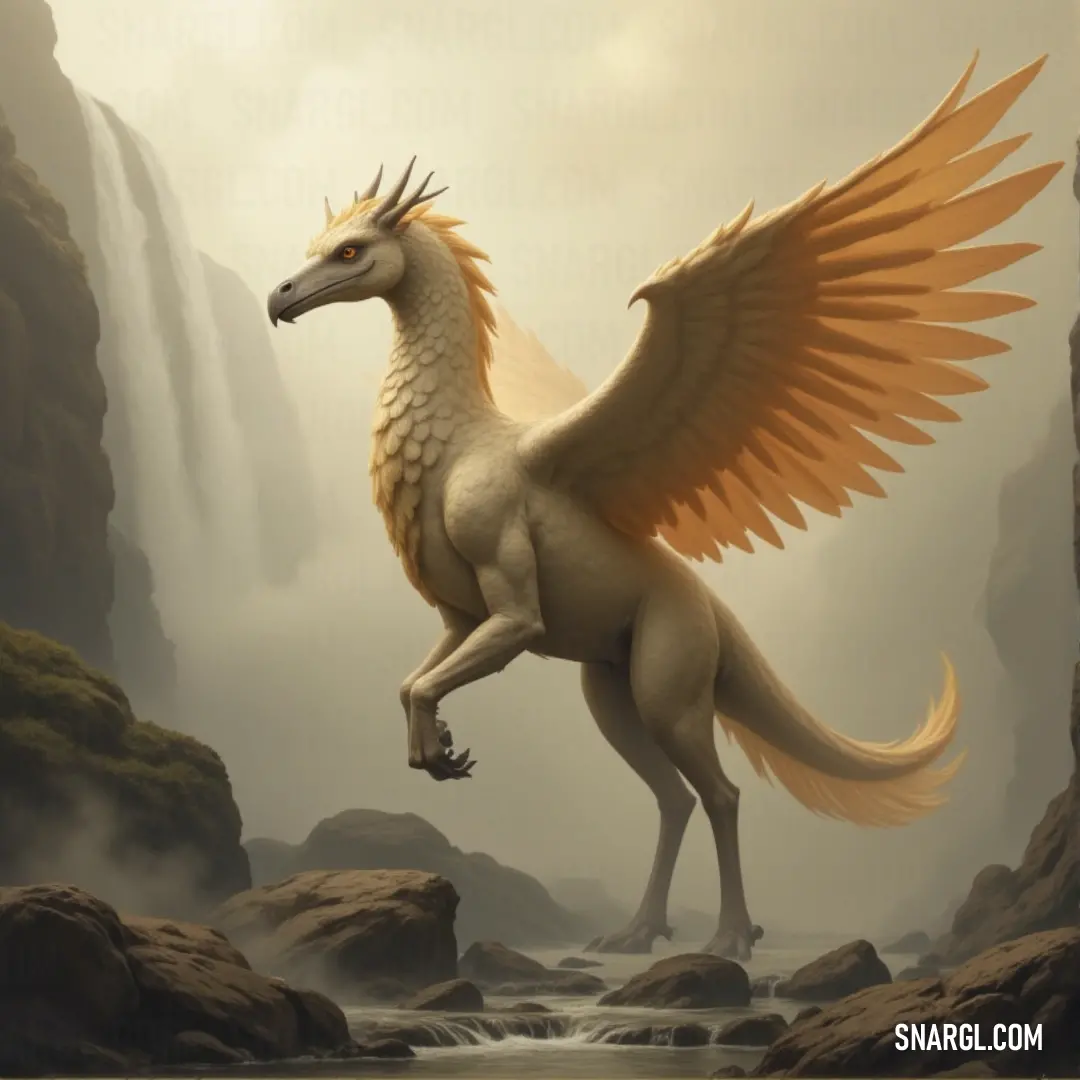 A striking Emberflame with orange-tipped wings stands on a solitary rock in the river, the cascading waterfall behind it creating a dramatic scene. The vibrant orange of its wings contrasts with the rushing water and mist in the background.