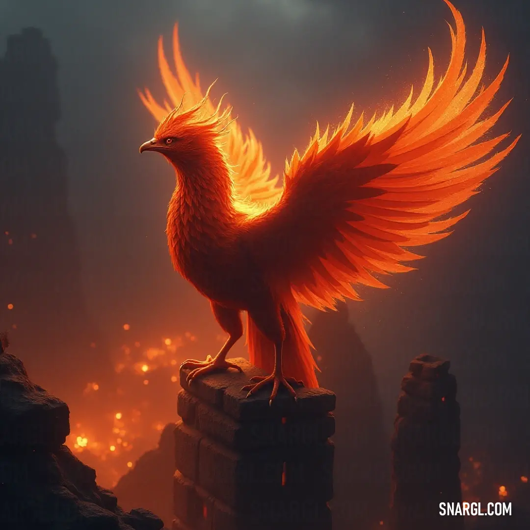 In an intriguing setting, Emberflare stands poised on a high ledge within a dim room, its orange wings illuminated by a dazzling light from behind, creating an ethereal glow that highlights its majestic silhouette against the darkness.