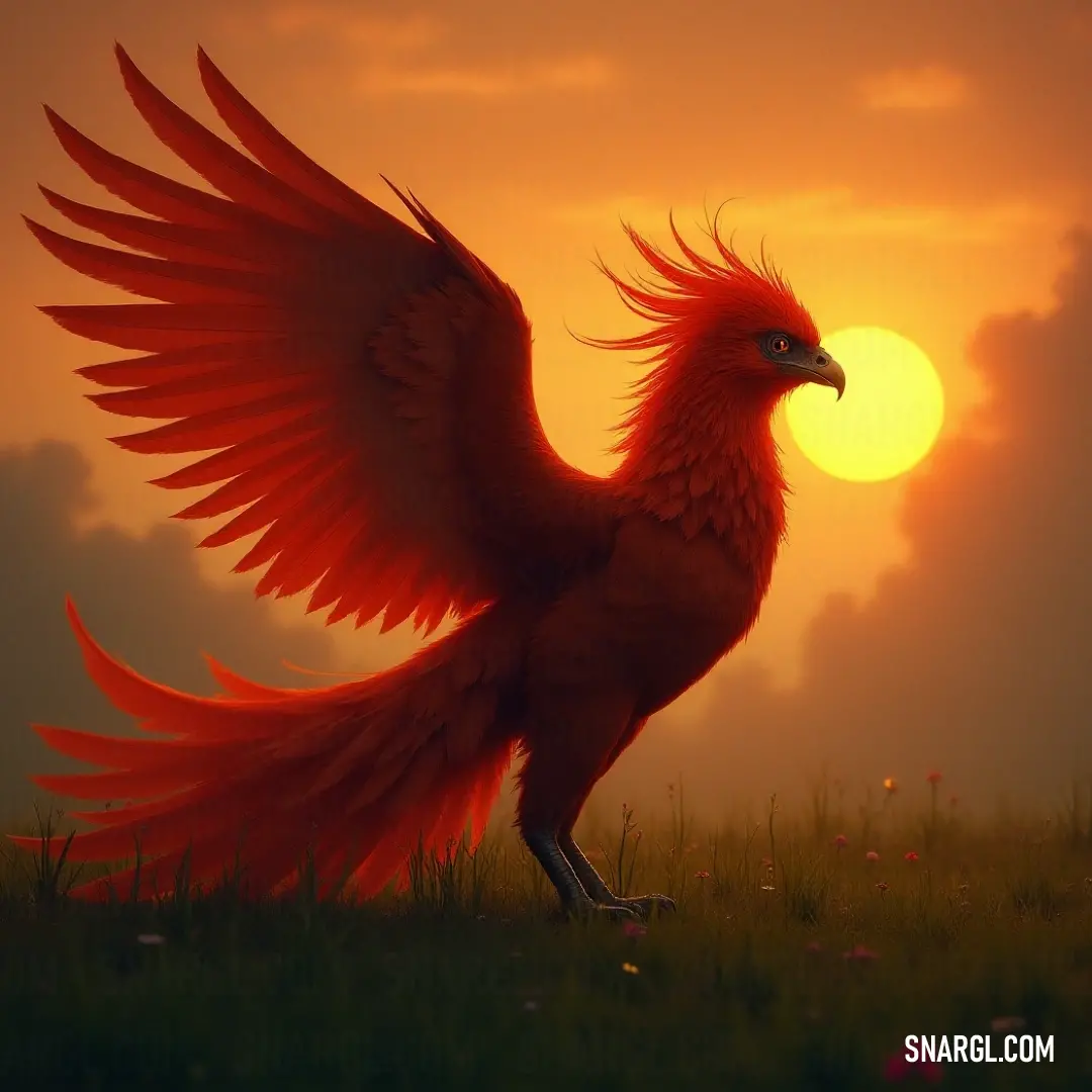The bold bird with fiery red feathers stands in the middle of a sunlit field, the golden rays of the setting sun creating a stunning silhouette as it gazes out into the horizon. A vibrant bird with fiery red feathers stands confidently in a vast open field, bathed in the warmth of the setting sun. The bird’s bright plumage contrasts with the golden light, creating a breathtaking image of beauty and serenity.