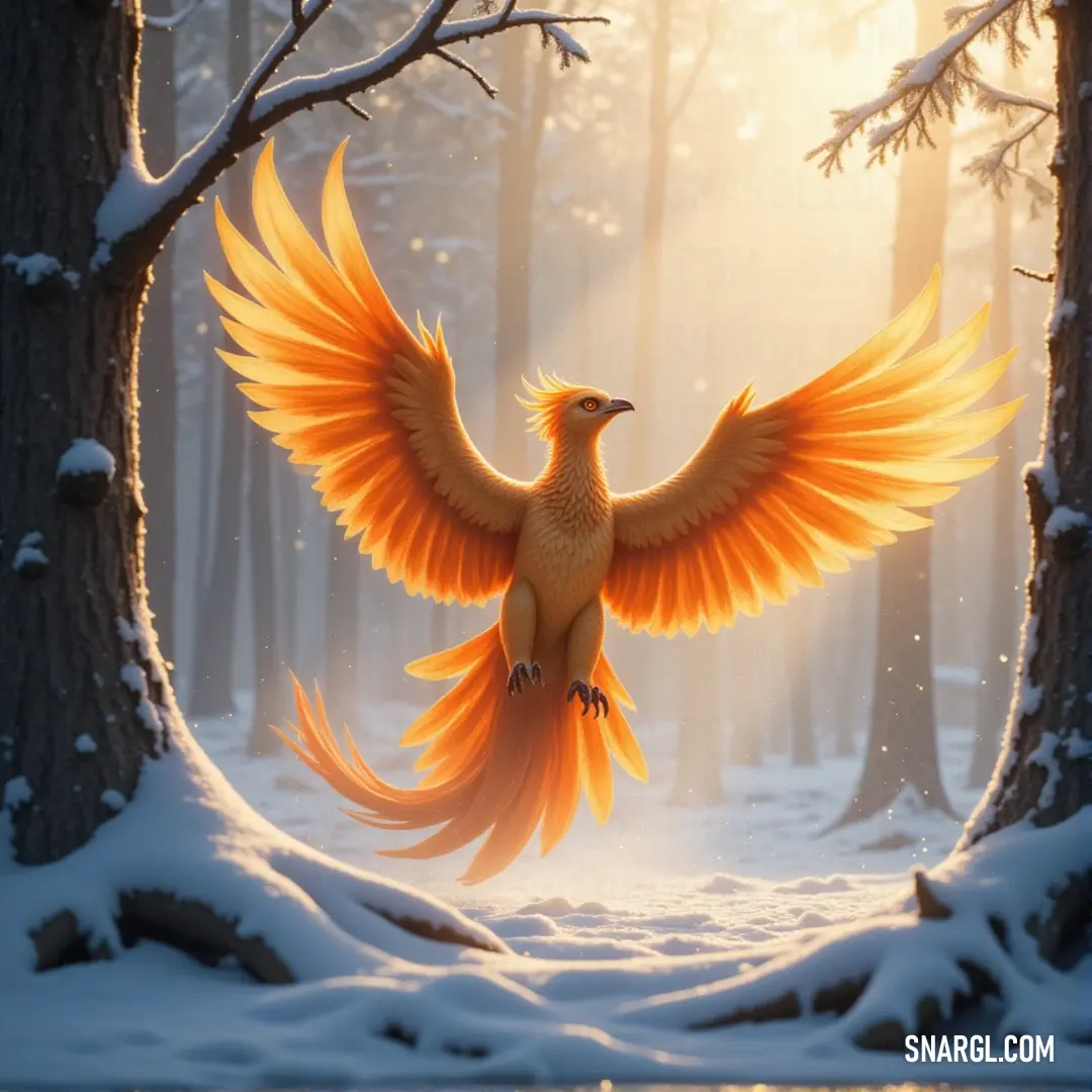 A majestic emberflare with glowing orange wings flies through a tranquil snow-draped forest, surrounded by towering trees and falling snowflakes. An ember-like creature with vibrant orange wings soars through a snow-covered forest. Tall, frosty trees surround it, and snowflakes swirl in the chilly air as the bird gracefully glides through the serene winter scene.