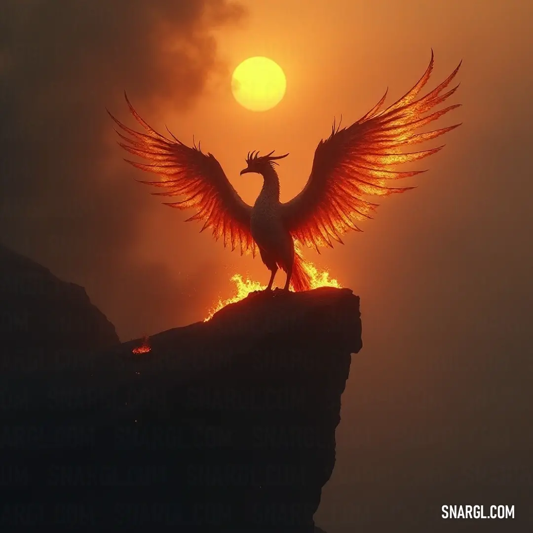 Emberfury stands confidently on a breathtaking cliff at sunset, its wings dramatically spread, embodying the essence of power and majesty as the sun blankets the sky with vibrant hues of orange and gold.