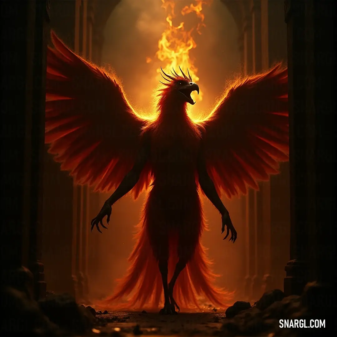 Emberfury with a flame in its beak stands in a doorway, backlit by a soft, glowing light. Emberfury, with a flickering flame held in its beak, stands in a mysterious doorway. A soft glow emanates from behind it, casting long shadows and creating an aura of power as the light surrounds the creature, illuminating its fiery presence.