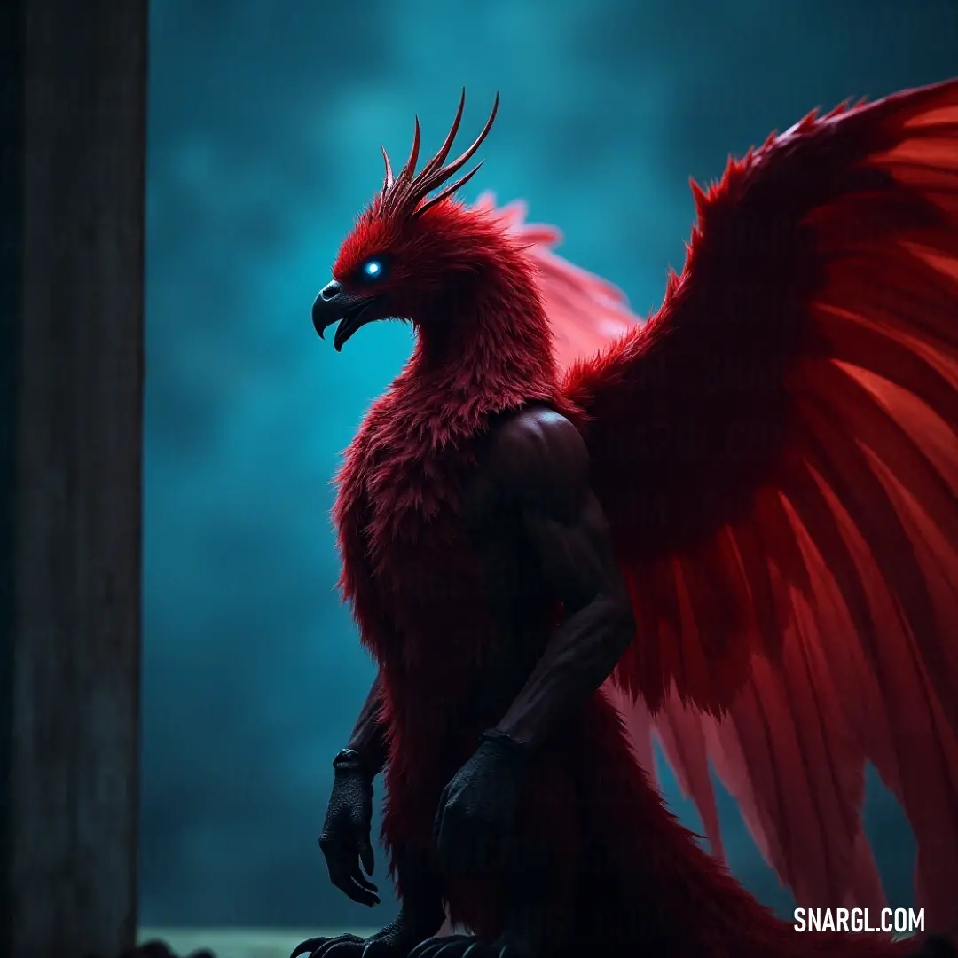 Red Emberfury poised gracefully before a window showcasing a moody, dark sky and urban silhouettes. A striking Red Emberfury with magnificent wings stands directly before a large window, framed against a stormy dark sky. The ominous backdrop cascades light over the creature, creating a contrast between its vibrant colors and the shadowy world outside.