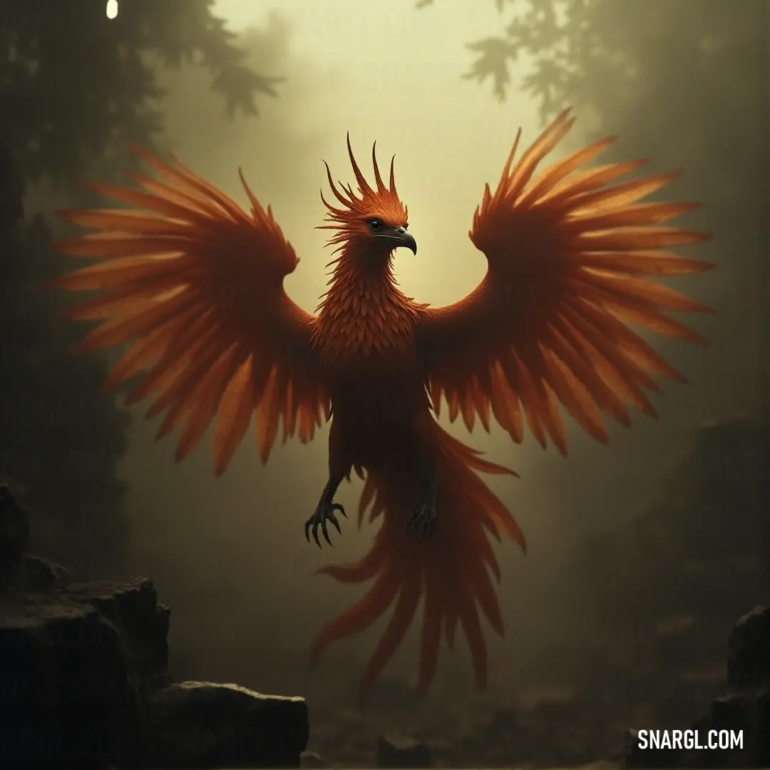 Emberheart, with its brilliant orange feathers, spreads its wings wide in a dense, shadowy forest, ready to soar into the unknown. Emberheart, a magnificent creature with fiery orange feathers, spreads its wings in the heart of a dark, mystical forest. The trees loom around it, their shadows stretching as Emberheart takes flight, exuding strength and grace.