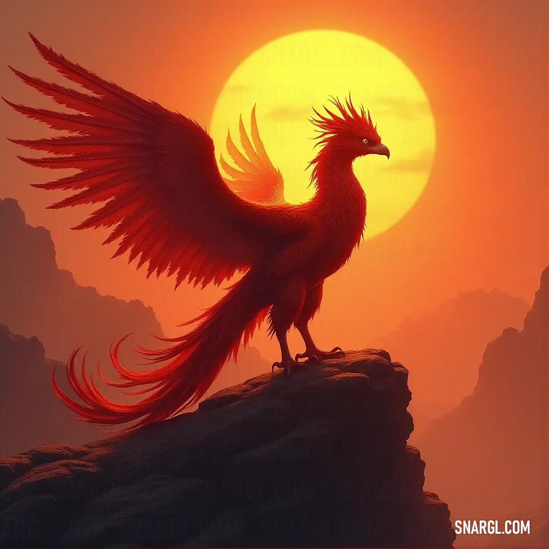 Emberheart perched atop a rock, tail flowing behind it, as the sun sets over distant mountains, casting a fiery glow across the landscape. Emberheart stands proudly on a large rock, its long tail sweeping gracefully behind it, against the breathtaking backdrop of a fiery sunset. Majestic mountains and rugged rocks surround the scene, enhancing the creature's commanding presence.
