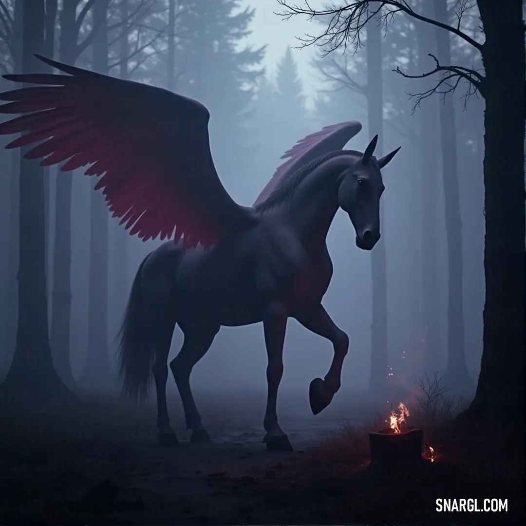 Emberhoof with wings standing in a tranquil forest, bathed in the light of a crackling campfire, with the surrounding trees casting long shadows under the evening sky. Emberhoof with magnificent wings stands tall amidst the ancient trees of a quiet forest, the warm glow of a nearby campfire lighting up its powerful figure as the shadows of the night creep across the forest floor.
