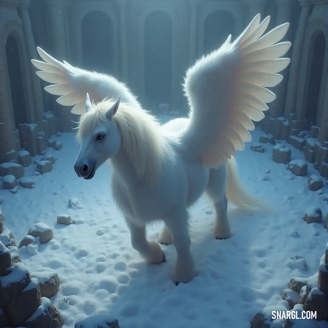 A White Emberhoof with large, ethereal wings stands against a backdrop of snow-covered rocks, with a distant building rising from the snowy plains, the air crisp and the landscape untouched by time.
