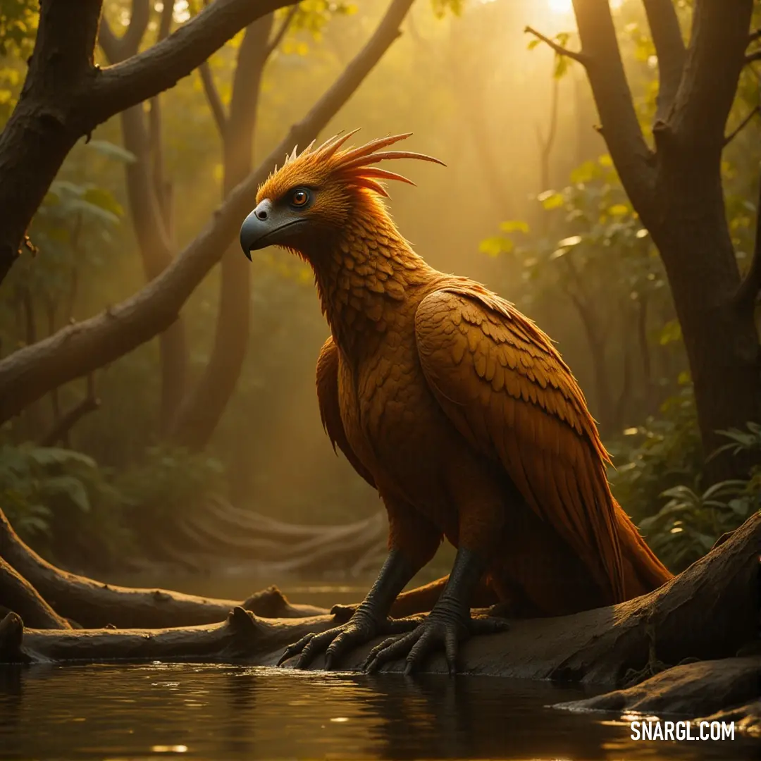 A long-beaked bird rests on a forest branch, perched gracefully amidst a serene landscape of water, trees, and natural beauty. A bird with a long beak perches gracefully on a tree branch in the heart of a lush forest. Surrounded by vibrant greenery and with a clear water stream flowing nearby, it creates a peaceful and harmonious scene.