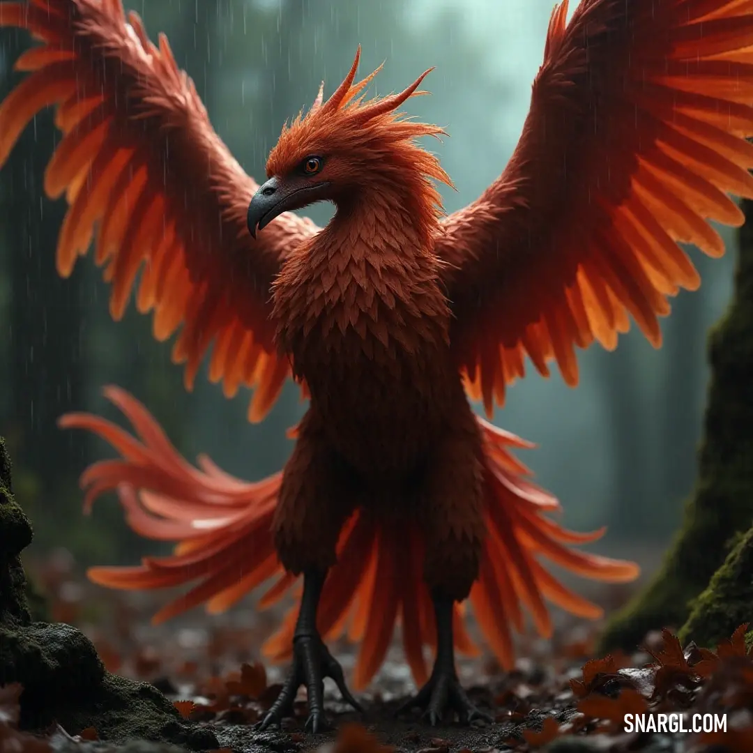 In the midst of pouring rain, a red emberstorm with outstretched orange wings stands defiantly, droplets cascading off its feathers, blending the fierce elements of nature with the mesmerizing vibrancy of its being in a dramatic display of courage and bea