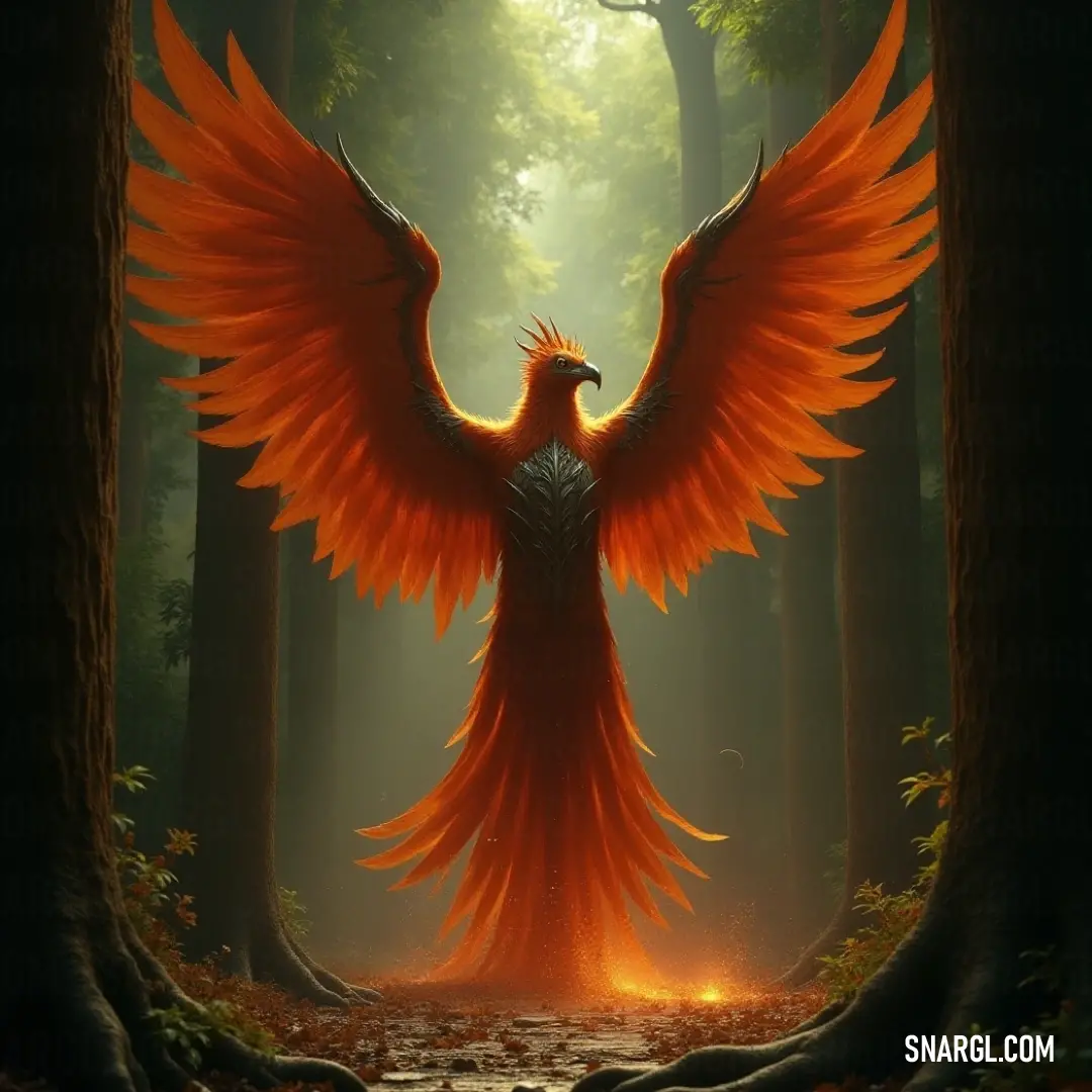 An Emberwing with striking orange wings stands in a serene forest, bathed in sunlight, surrounded by trees and scattered leaves on the forest floor. A majestic Emberwing, with vibrant orange wings, stands in a tranquil forest surrounded by towering trees. Fallen leaves blanket the forest floor, and the soft sunlight filters through the branches, creating a peaceful, almost magical atmosphere.