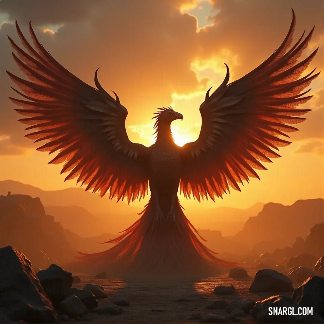 Emberwing standing in the golden glow of a sunset, wings outstretched, radiating warmth and power. A magnificent Emberwing, its large fiery wings spread wide, stands tall against the backdrop of a stunning sunset, casting a warm glow across the landscape as the vibrant colors of the sky surround it.