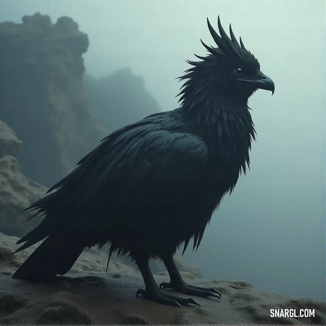 A dark-winged mythical creature with elongated wings, perched in an ethereal and dramatic setting, radiating both majesty and power. A powerful, black-winged creature with long, graceful wings soars through the air, exuding both mystery and strength, its sleek silhouette defined against a blurred background.