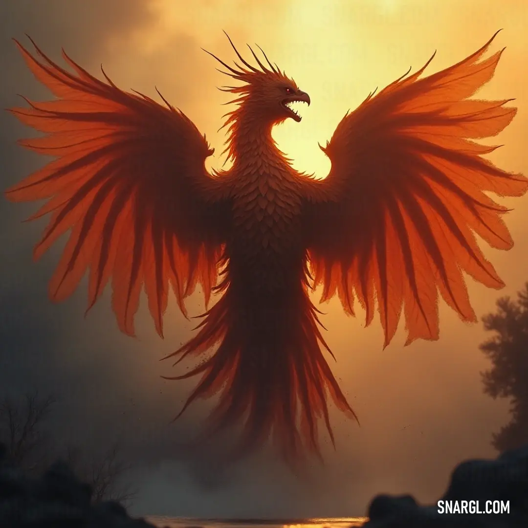 The Emberwing Phoenix, with brilliant orange wings, flies across a water landscape at dawn or dusk, surrounded by dark clouds and an air of mystery. An Emberwing Phoenix with fiery orange wings soars through the sky, gliding above water as the sun sets or rises behind it, surrounded by dark clouds that enhance the dramatic atmosphere of the scene.