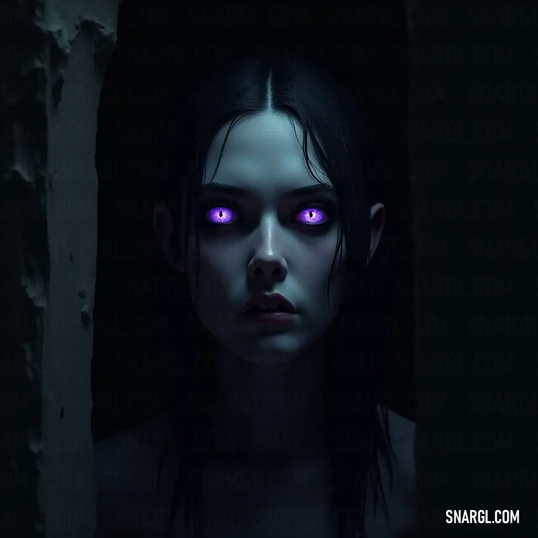 A chilling portrait of a figure with dark hair and striking purple eyes, gazes directly into the camera, emanating an unsettling yet captivating energy, set against a shadowy backdrop.
