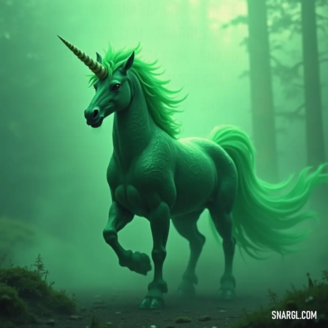A dynamic emerald unicorn gallops through a lush green forest, its vibrant mane flowing behind, showcasing the strength and agility of this enchanting creature amidst the foliage.