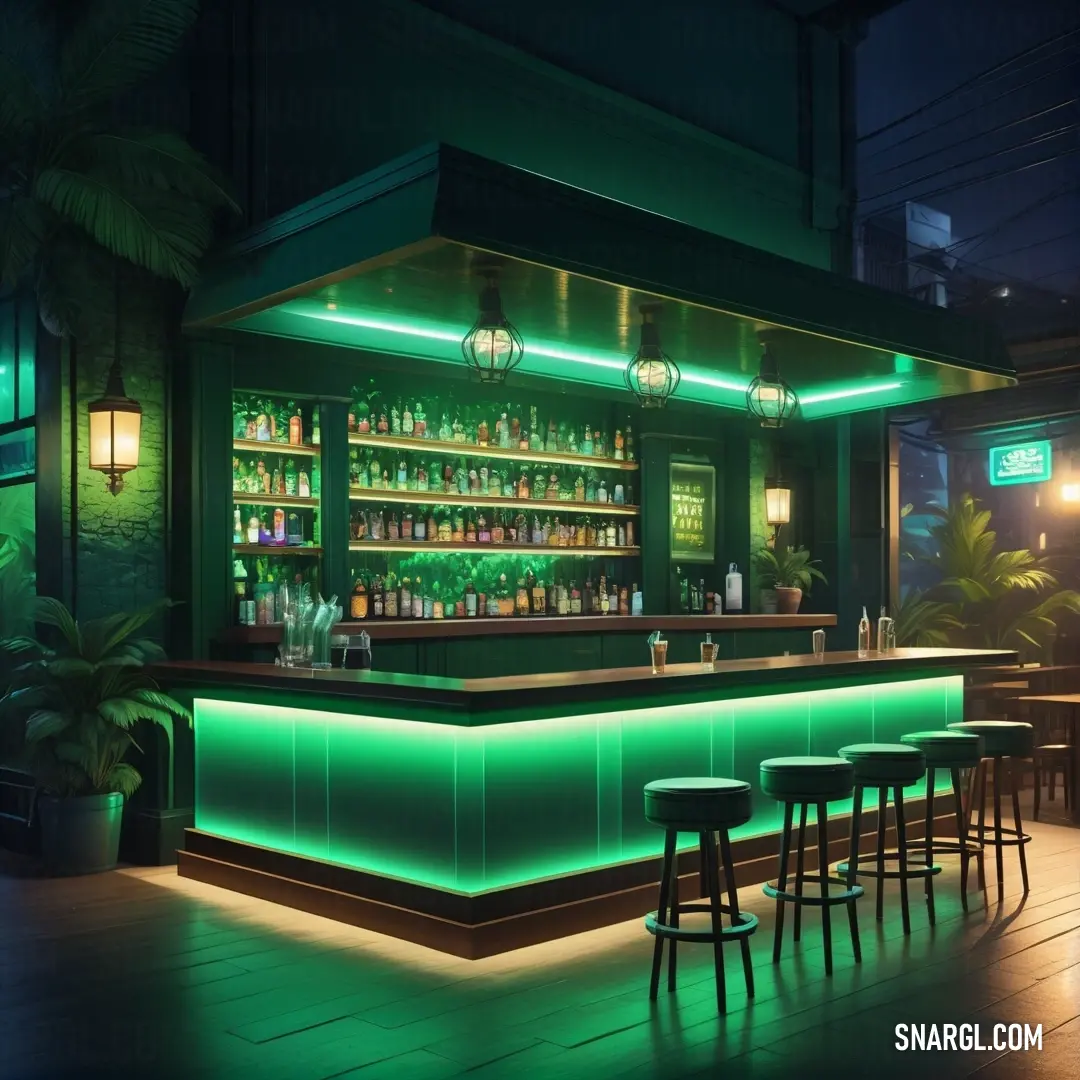Bar with a green light and a lot of stools and a bar top with bottles on it. Example of RGB 80,200,120 color.