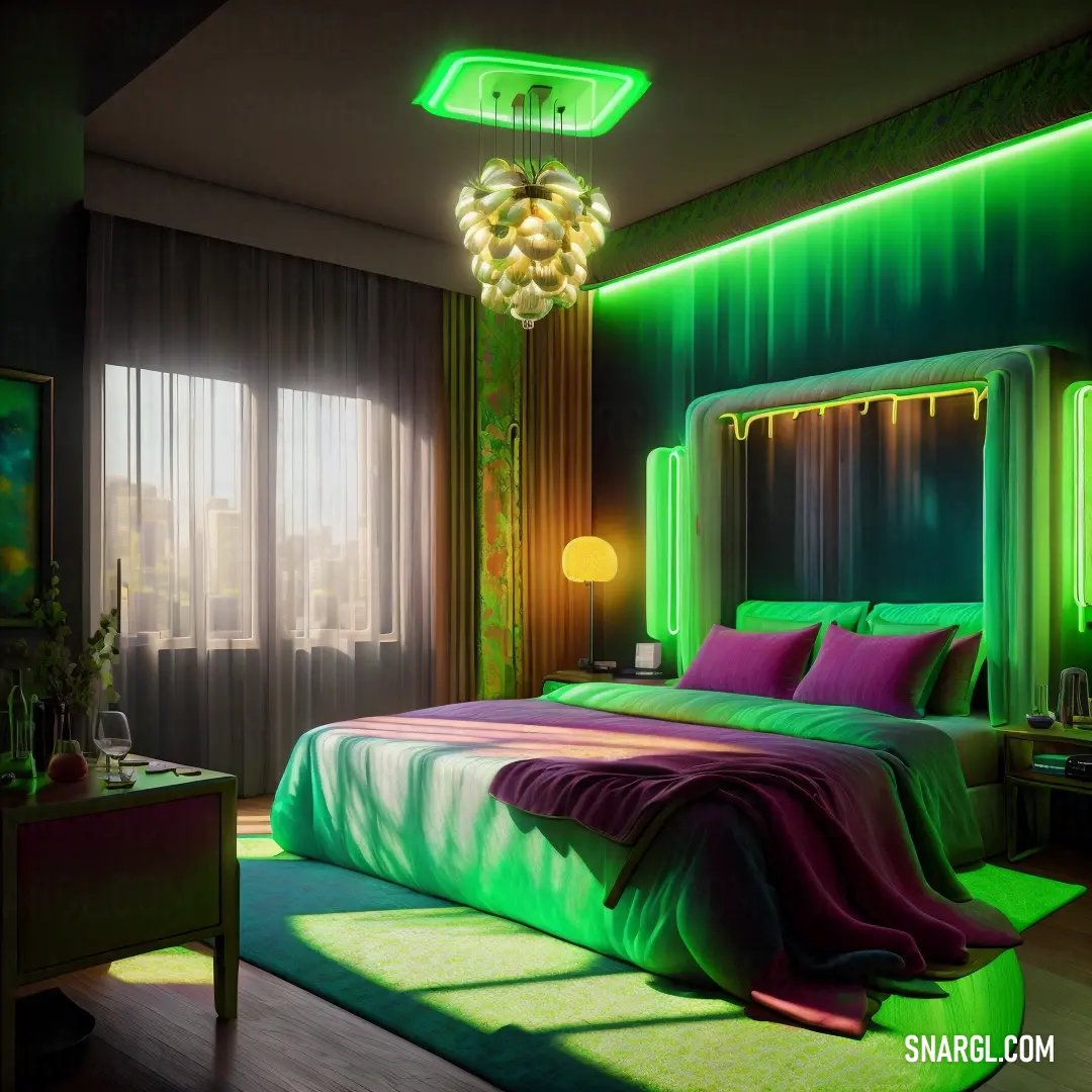 Bedroom with a green and purple color scheme and a green light on the ceiling and a bed with a purple