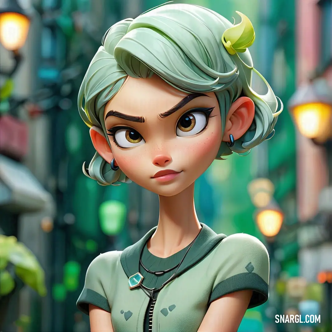 Cartoon character with green hair and a green dress on a city street at night with street lights