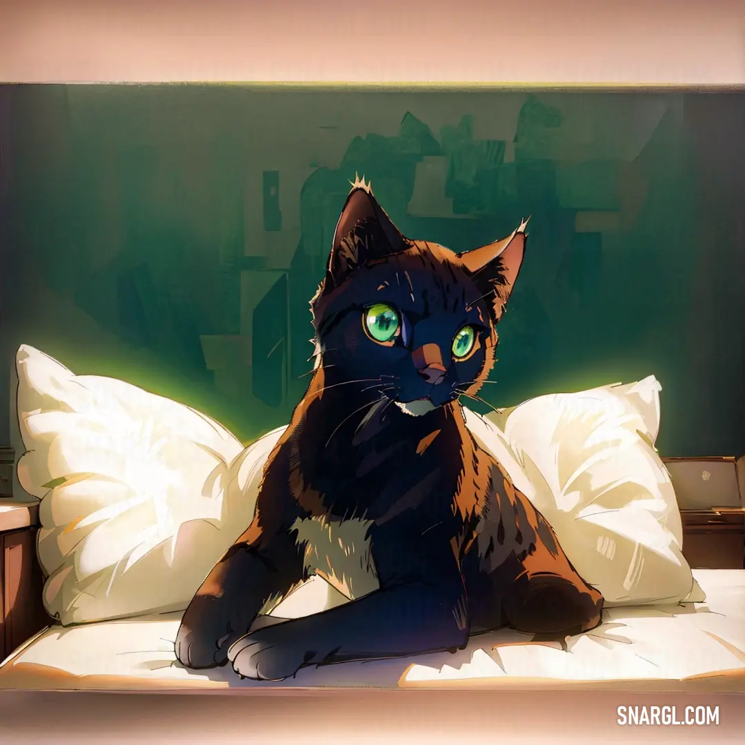 Cat on a bed with a pillow and pillows on it's sides and a green background. Example of CMYK 60,0,40,22 color.