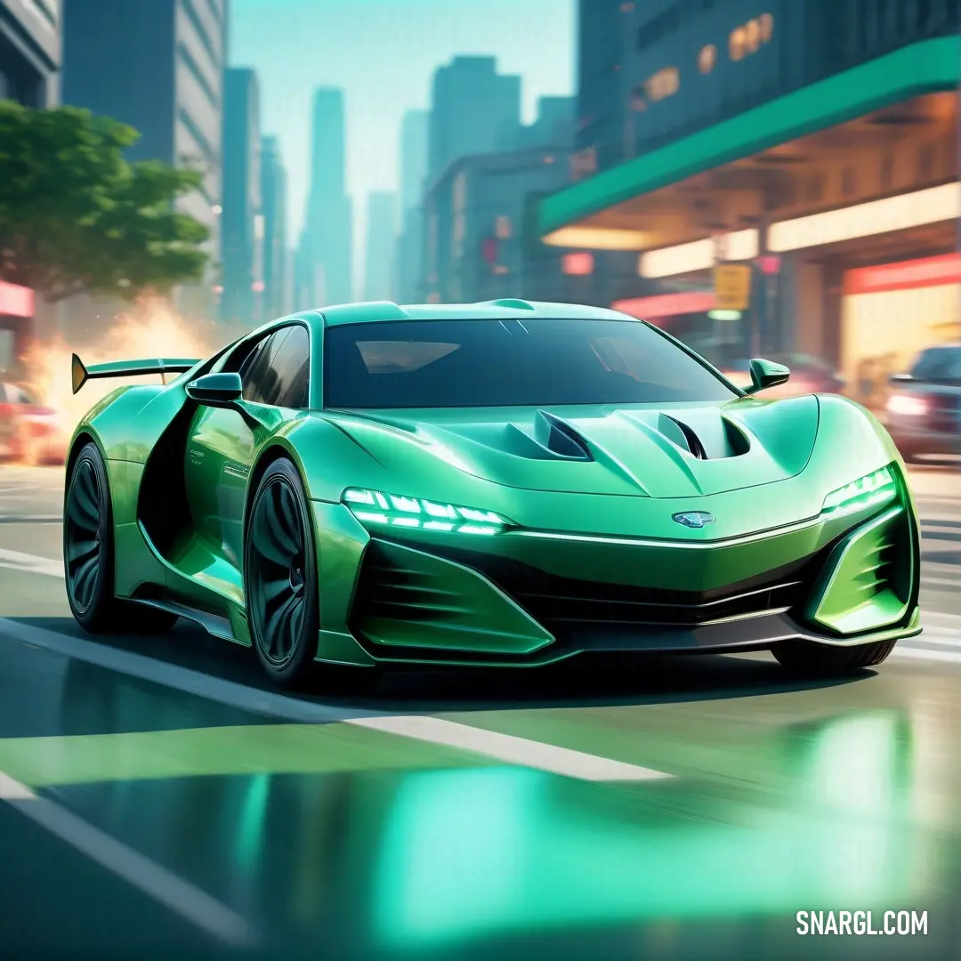 Green sports car driving down a city street in a futuristic style,. Example of RGB 80,200,120 color.