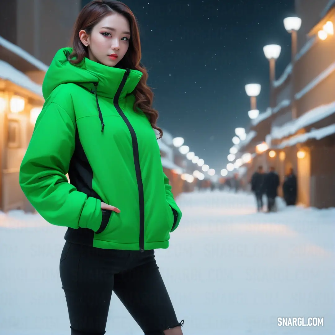 Woman in a green jacket standing in the snow at night with a street light in the background. Color #50C878.