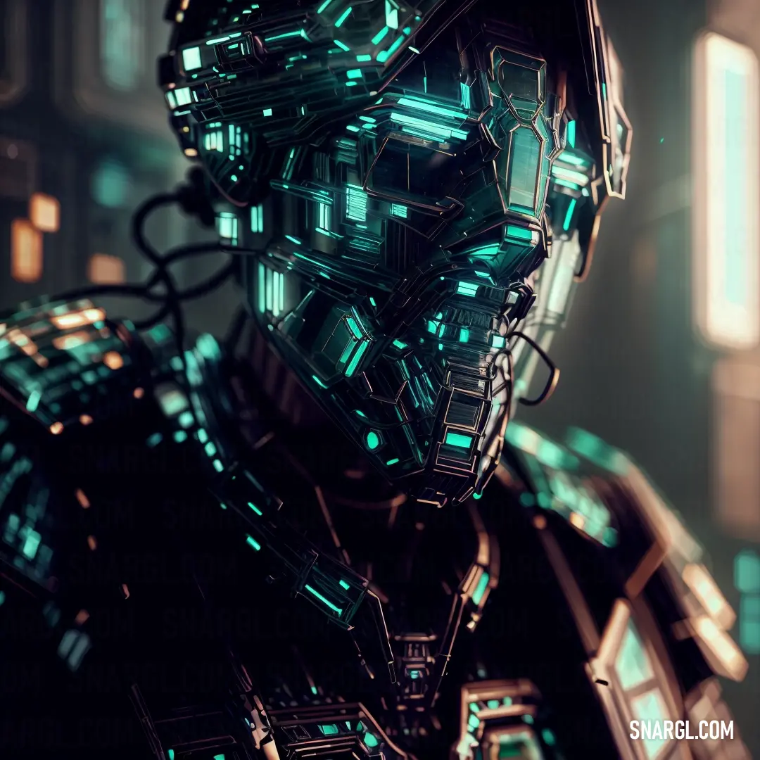 Futuristic man with a futuristic face and green lights on his face and chest