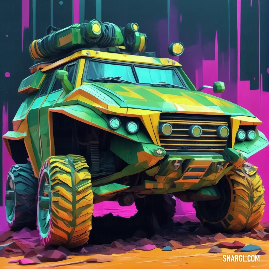 Green and yellow vehicle with big tires on a pink background