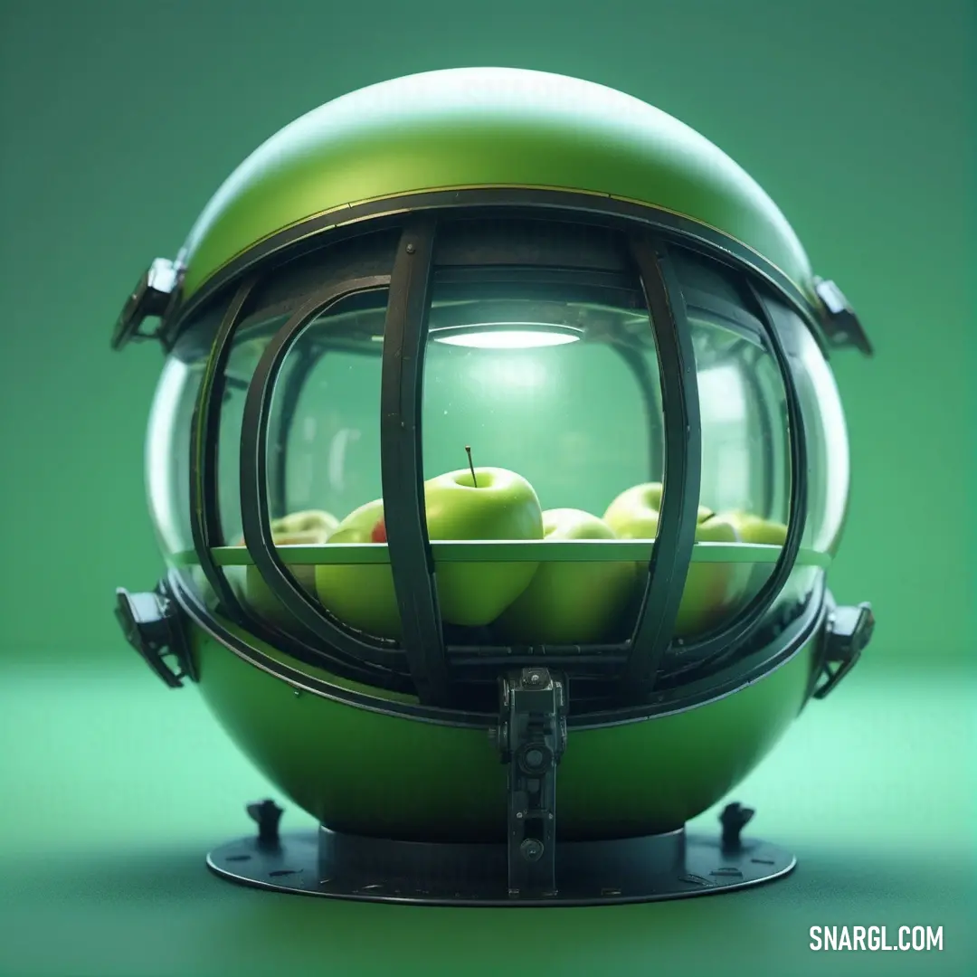 Emerald color. Green ball with a bunch of apples inside of it on a stand with a green background