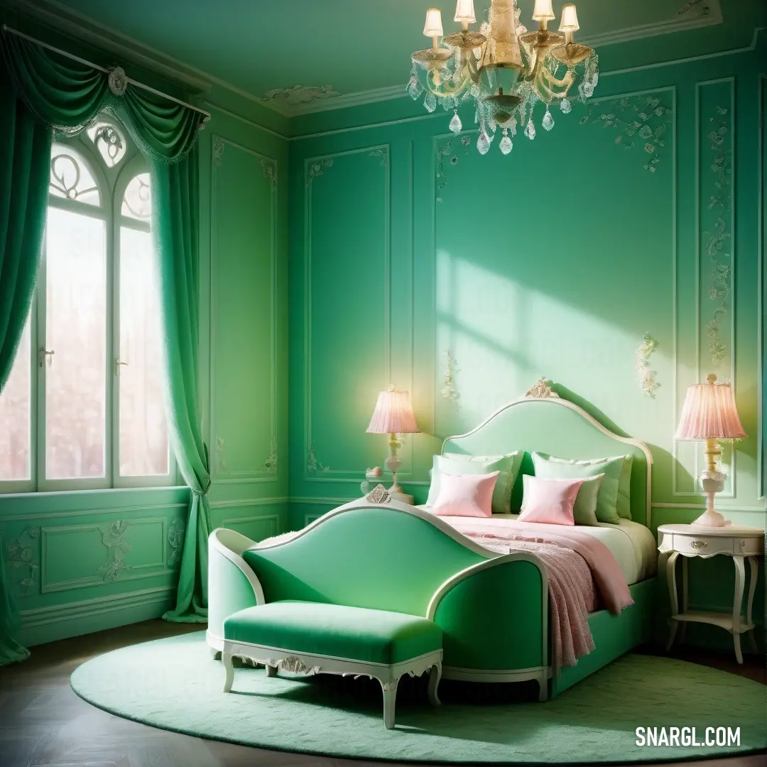 Green bedroom with a green bed and a chandelier hanging from the ceiling and a green chair. Example of CMYK 60,0,40,22 color.