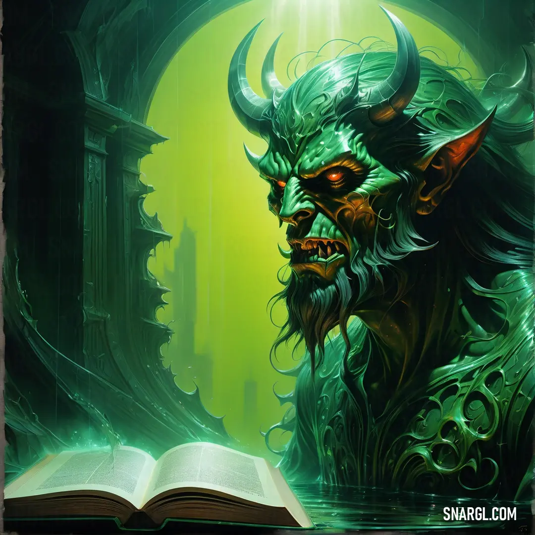 Green demon with horns and a book in front of him. Color CMYK 60,0,40,22.