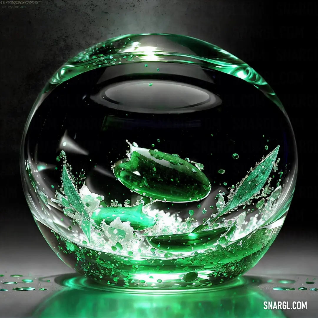 Emerald color example: Green glass bowl with water and leaves inside of it on a table top with a black background