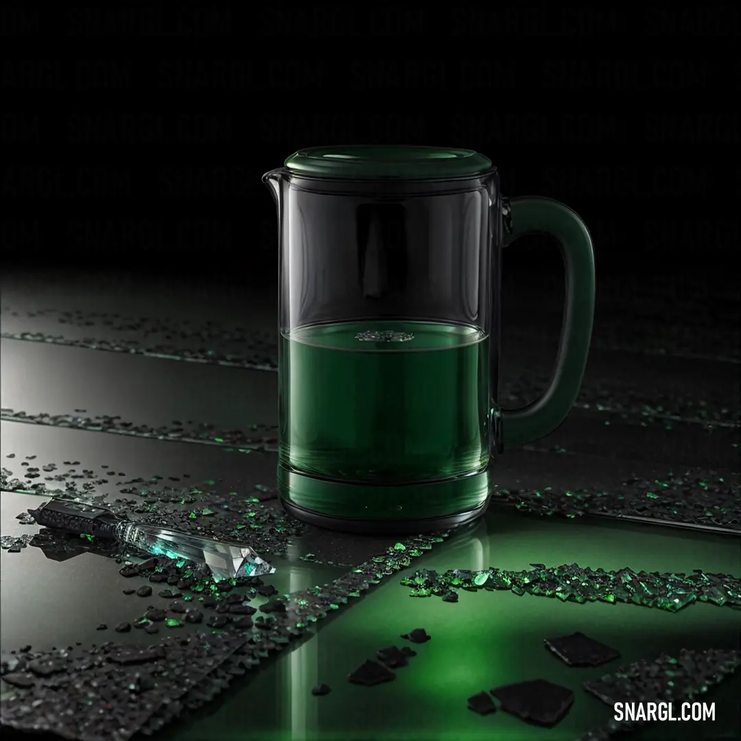 Green glass mug on top of a table next to a broken piece of glass