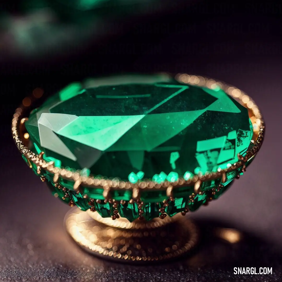 Green jewel sits on a gold stand on a table top