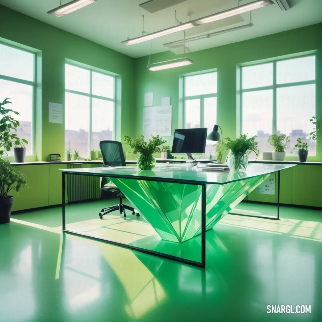 Green office with a glass desk and a plant in the middle of the room and a large window. Example of #50C878 color.