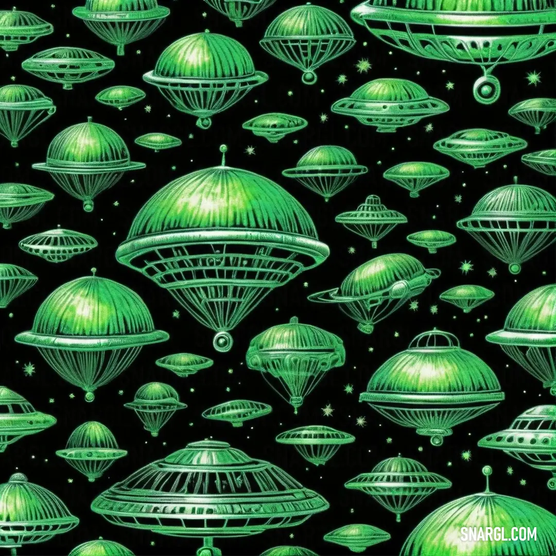 Green pattern of alien spaceships and stars on a black background photo by michael j miller / creative commons