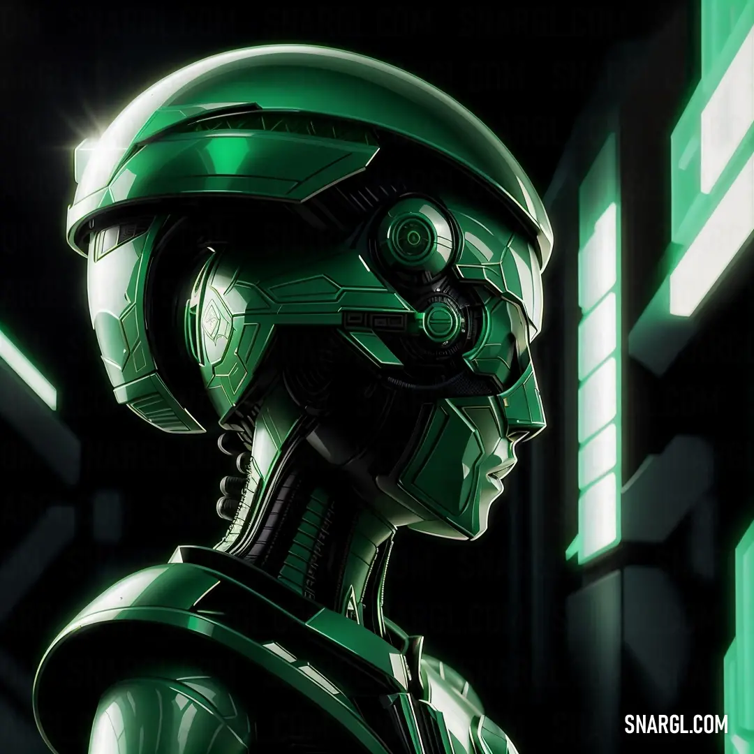 Green robot with a helmet on looking out a window at the city below it and a green light shining on the window