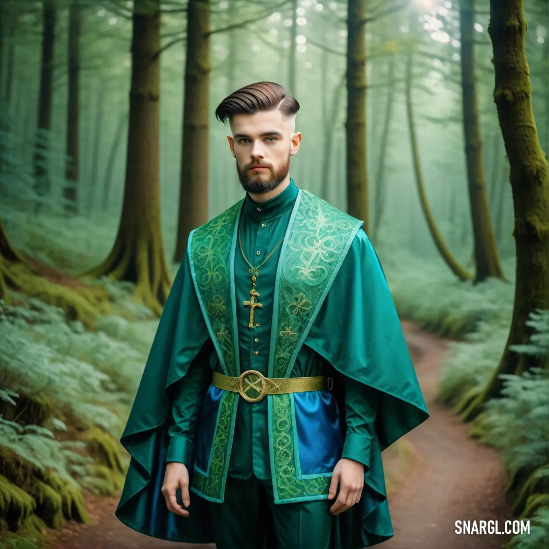 Man in a green outfit standing in a forest with a cross on his cape and a cross on his chest. Color #50C878.