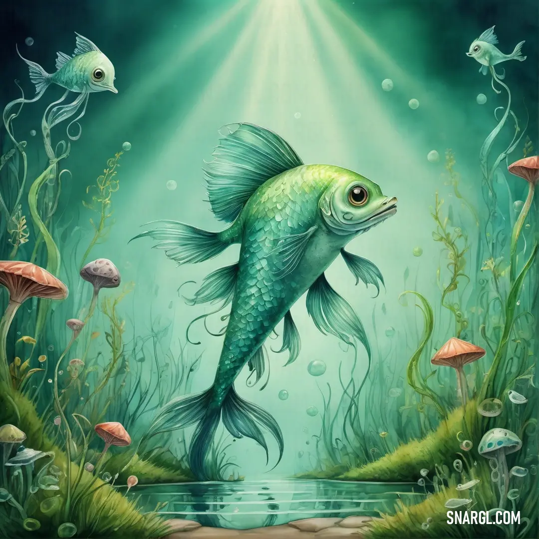 Painting of a fish in a green sea with a light shining down on it's head