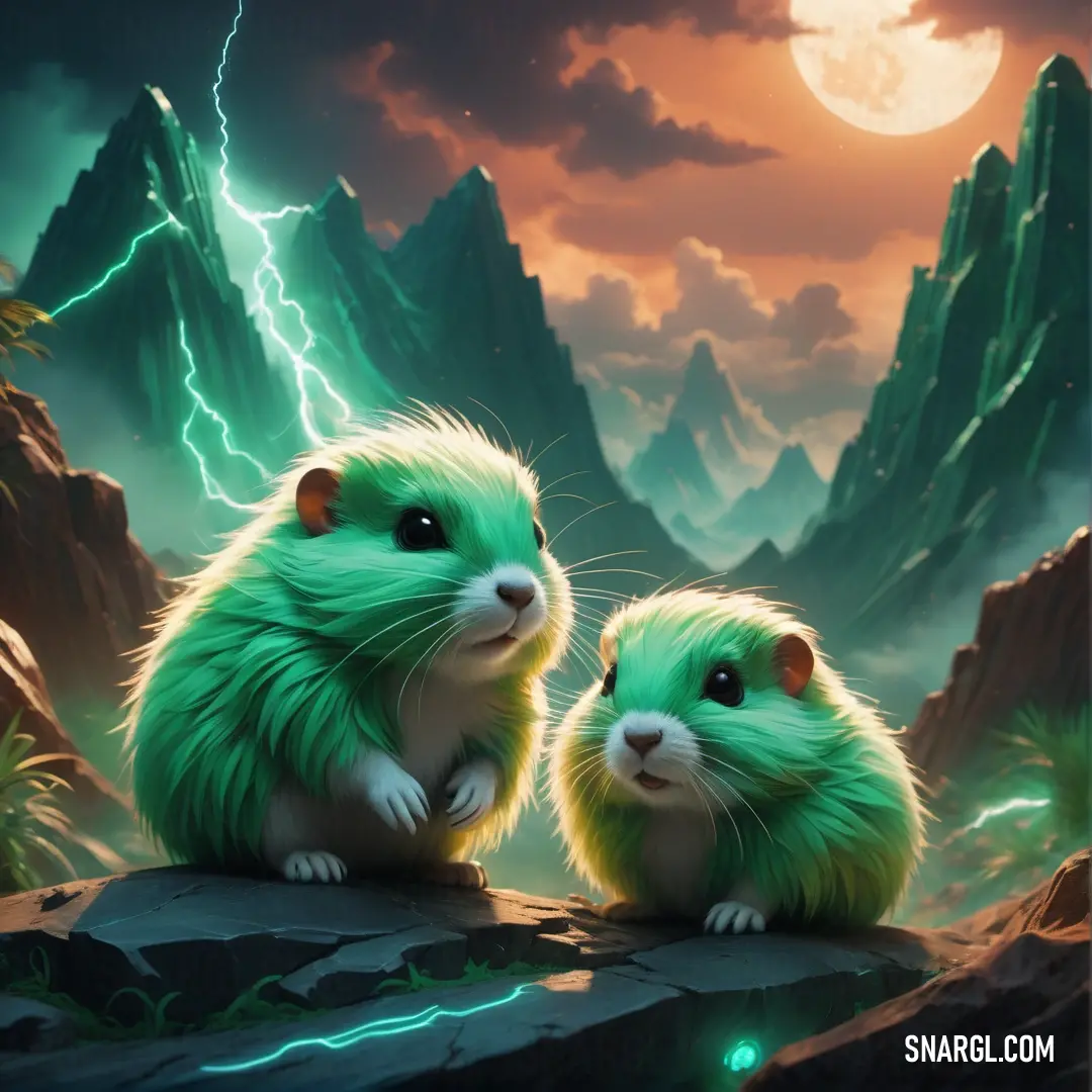 Two green and white animals on a rock in front of a mountain with lightning in the sky behind them. Example of #50C878 color.