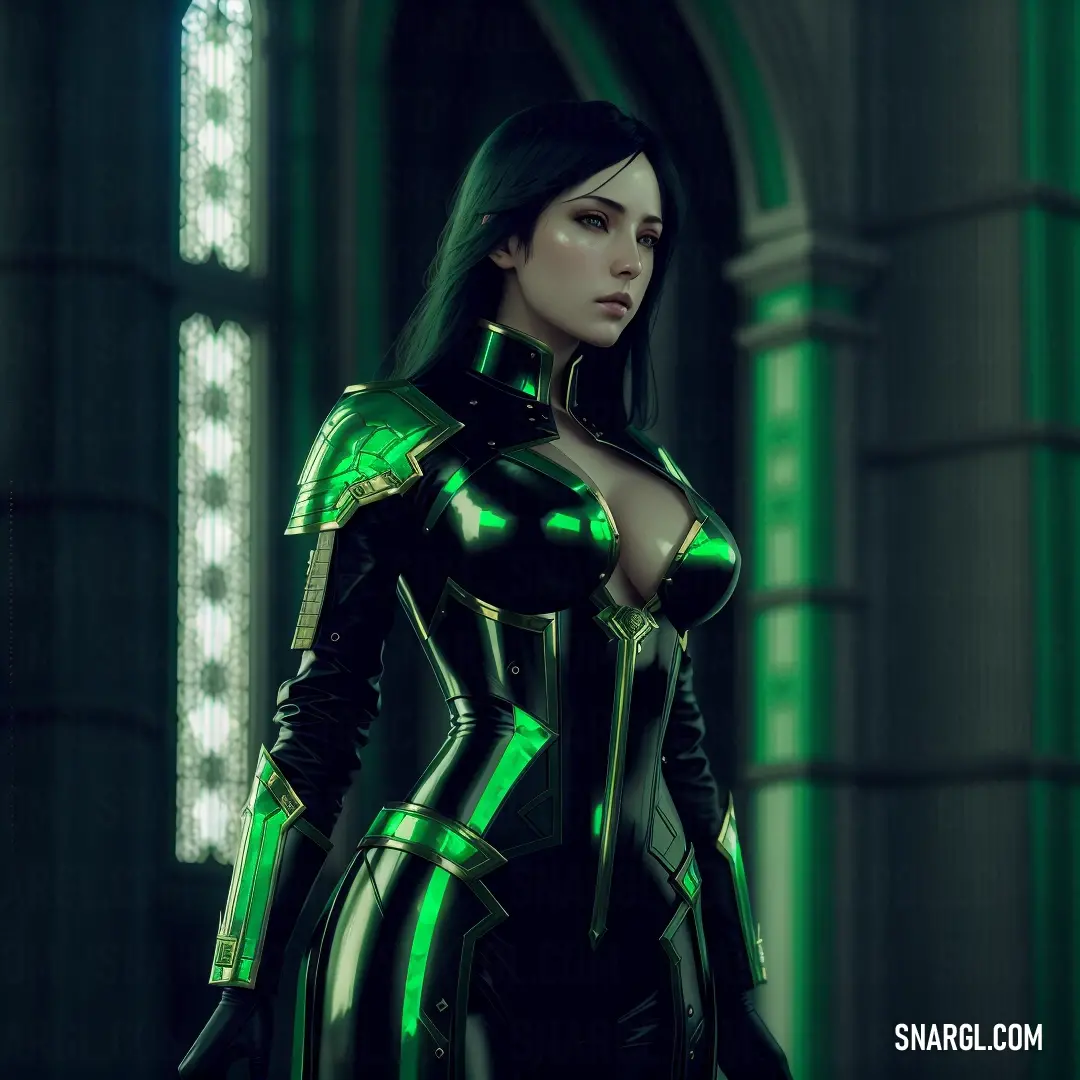 Woman in a futuristic suit standing in a building with a green light on her chest