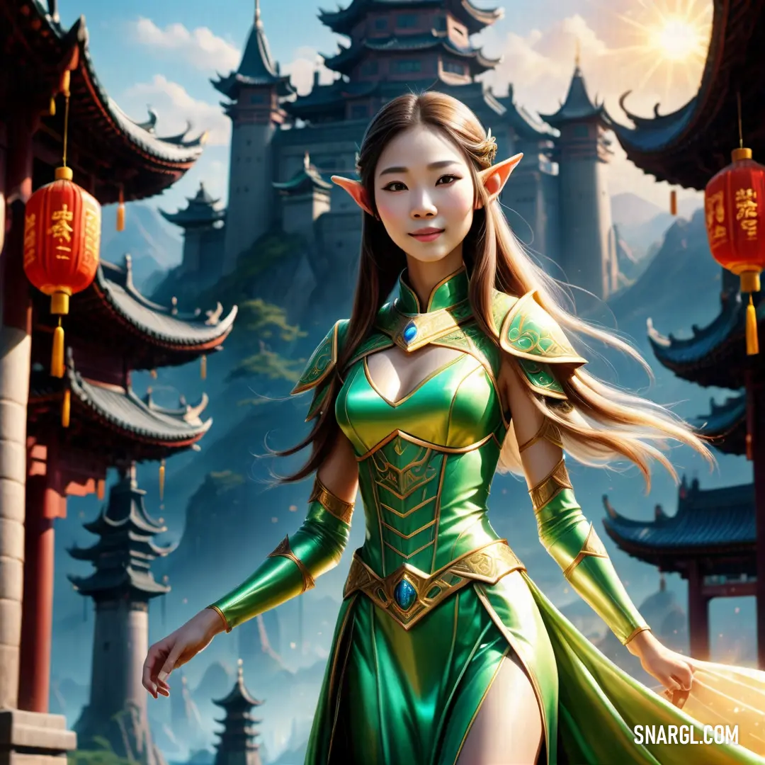 Woman in a green dress standing in front of a castle with a dragon on it's back. Color #50C878.