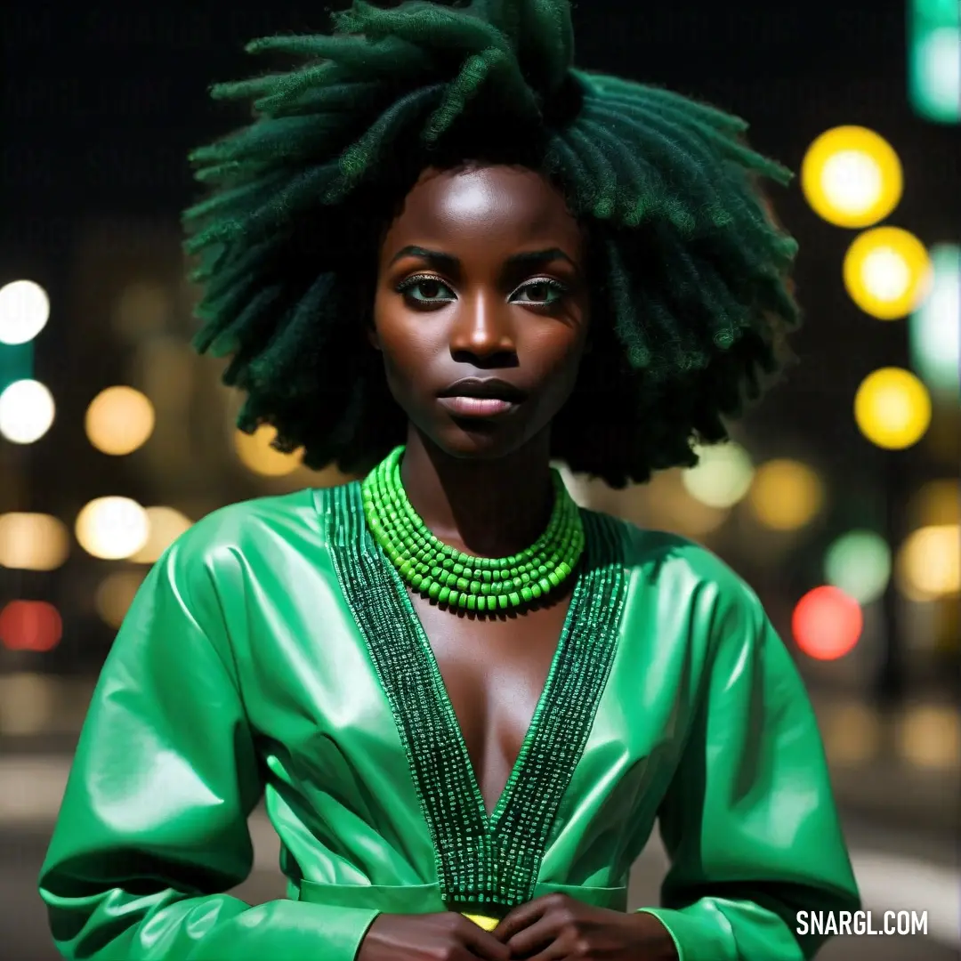 Woman with green hair and a green dress is standing in the street at night with a green necklace. Color RGB 80,200,120.