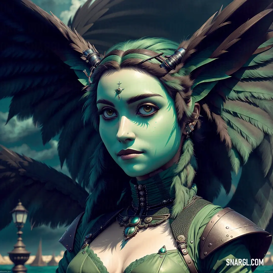 Emerald color example: Woman with green hair and wings on her head and a lamp post in the background