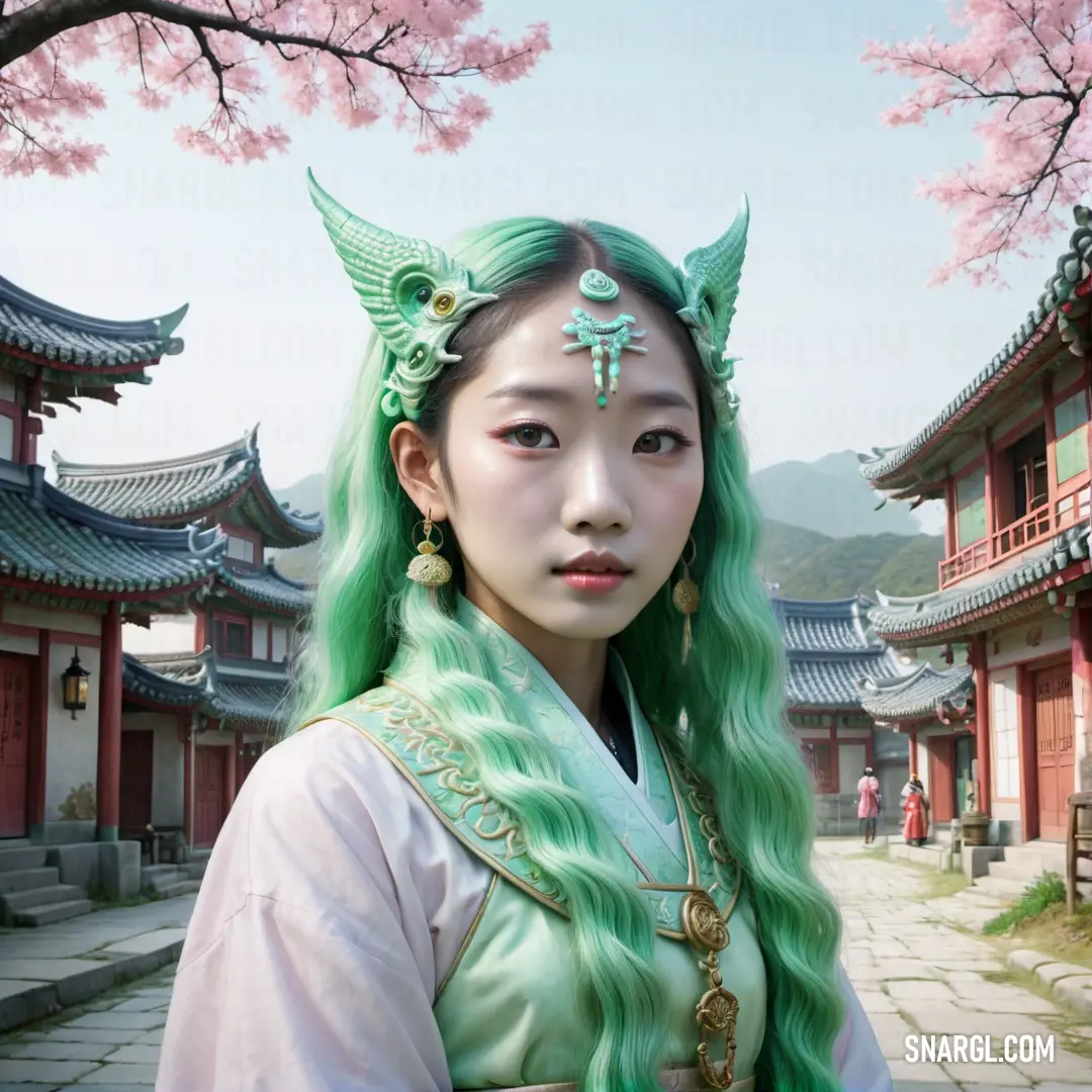 Woman with green hair and a green wig and a green dragon headpiece and a pink cherry blossom tree. Example of Emerald color.